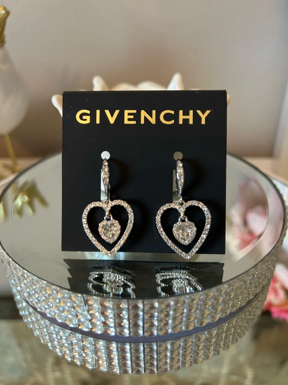 NWT! Givenchy Glass Stone Silver-Tone Heart Orbital Earrings